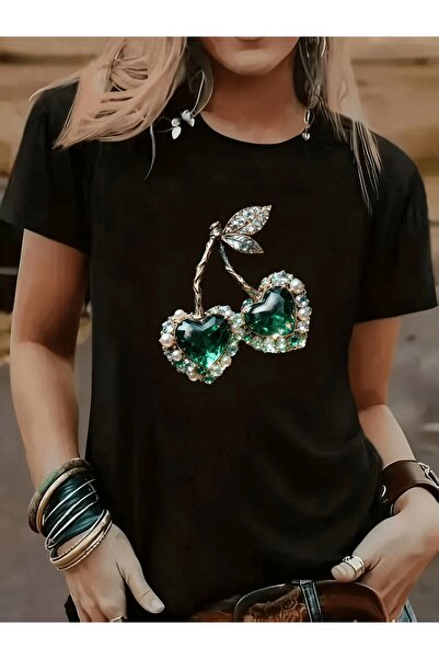 212Wear تي شيرت نسائي فاخر خفيف الوزن بطبعة الكرز والألماس المقلد - أكمام قصي...