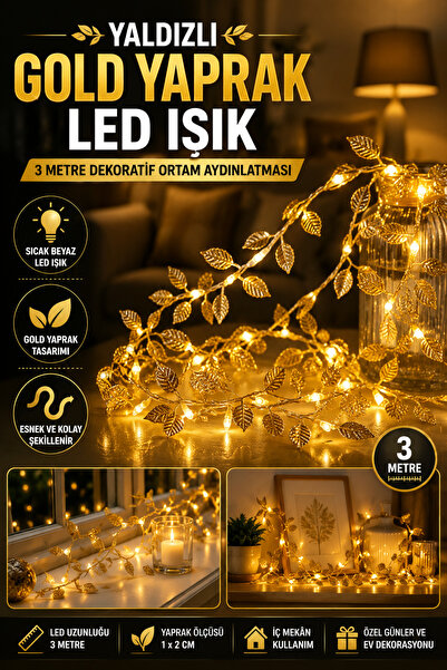 Hane Dostu Yaldızlı Gold Yaprak LED Işık 3 Metre Dekoratif Peri LED Işık Zinc...
