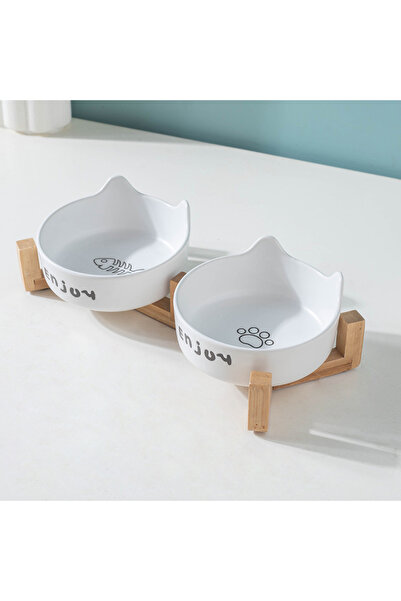 Choice1 White 3pcs/set (1pc rack + 2pcs bowl) Non-Slip Ceramic Double Pet Foo...