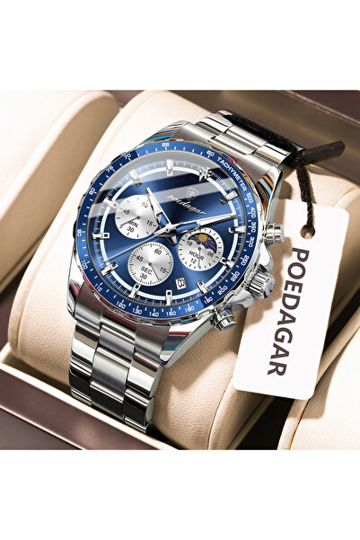 choice2 879 Silver Blue Men Clock Chronograph Date Waterproof Luminous Male W...