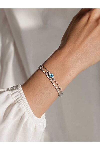 Satürn Silver Kuyumculuk Çelik Nazar Boncuğu Detaylı Gümüş Bileklik