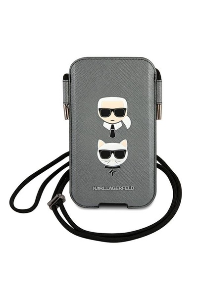 Karl Lagerfeld Saffiano Ikonik Karl & Choupette Phone Bag 6.7" Grey
