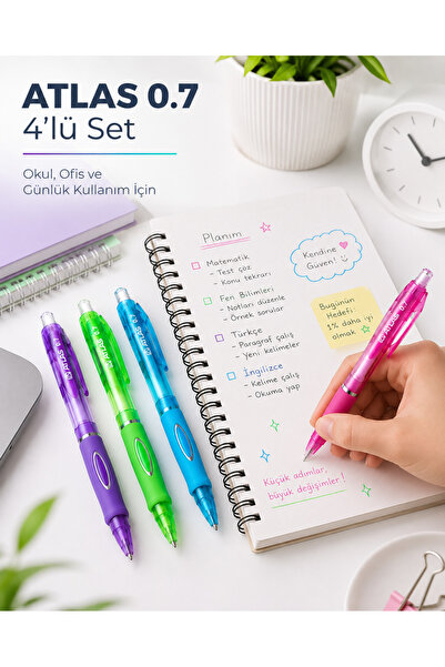Atlas 0.7 Uçlu Kalem 4’lü Set | Mor, Pembe, Yeşil, Mavi Renkli Mekanik Kurşun...