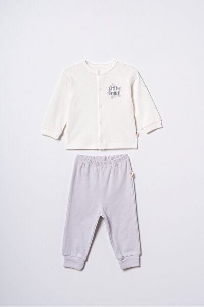 Magu Baby Cotton Ecru Cardigan Gray Pants Set