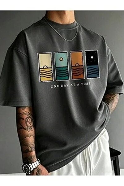 ZAVIXO Men's Oversize Printed T-Shirt – Beige, Minimal Landscape Print, Crew ...