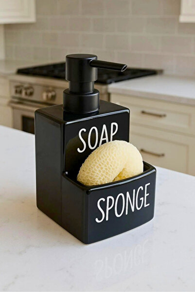 Woodcept. Black Soap and Sponge Porcelain Liquid Soap Dispenser and Sponge Ho...