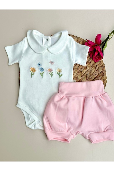 Mama Miel Baby Pink Butterfly and Flower Embroidered Summer Snap Fastener Sho...