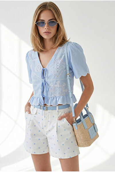 Olalook Women's Baby Blue Belted Pocketed Polka Dot Gabardine Shorts Shrt-190...