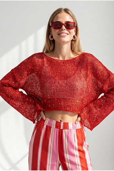 Olalook Women's Red Sequined Openwork Crop Knitwear Blouse Blz-19003423