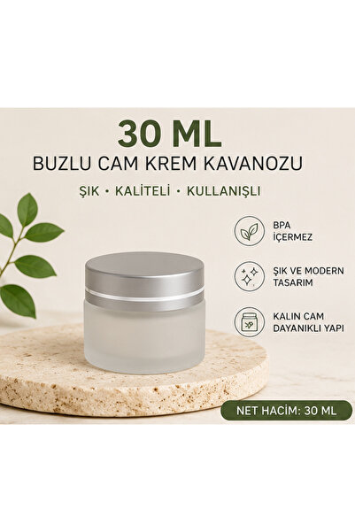 Kozpak 1 Adet 30 ml Buzlu Boş Cam Krem Kavanozu Gümüş Kapaklı