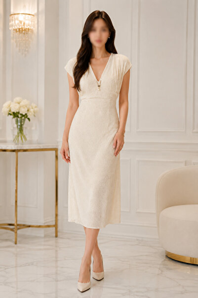 Nobrand Off White High End Cut Out V Neck Elegant Midi Dress
