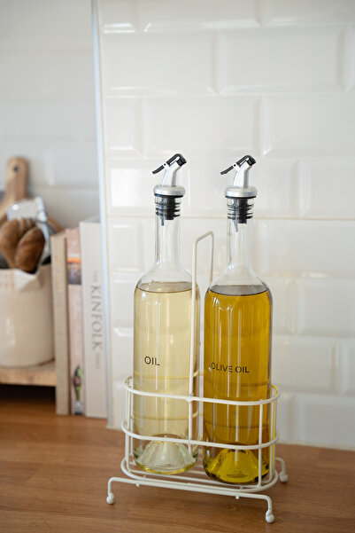 Dekorzdükkan Set of 2 Glass Oil Bottles with Cream Stand 750 ml