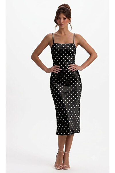 AFR CLOTHES Women's Polka Dot Thin Strap Satin Midi Dress - Black Spotted on ...