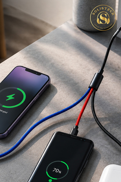Solistech 3 in 1 süper hızlı örgülü yırtılmaz kırılmaz 1.2 metre USB & typ-c lightning micro başlıklı kablo