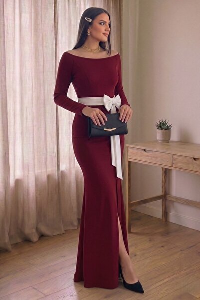 Aysan Moda Maxi Balık Slit White Bow Graduation Evening Dress