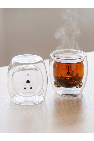 ASSA BAZAAR Double Walled White Glass Mug with Teddy Bear