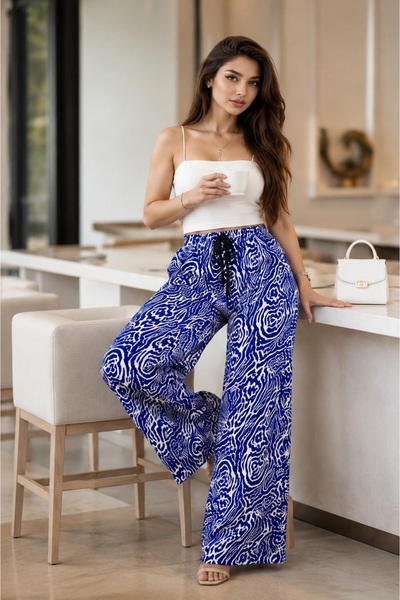 Bluewhs Women's 100% Viscose Woven Fabric Wide Leg Summer Patterned Trousers ...