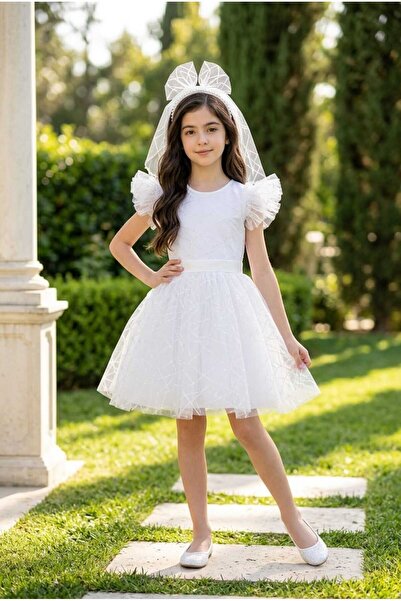Niliya çocuk giyim White Wonderful Wedding Dress with Crown