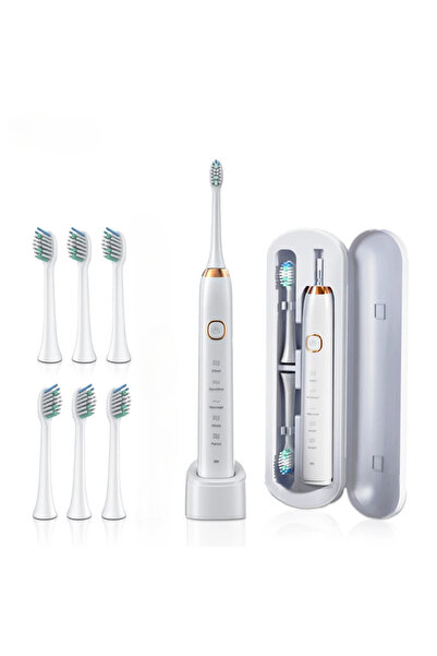Choice3 White 6 brush heads Portable Sonic Electric Toothbrush with 6 Soft Ha...
