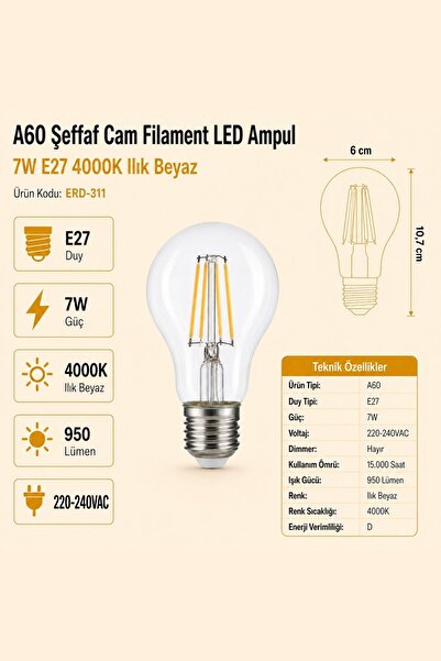 Heka A60 Şeffaf Cam Filament LED Ampul 7W E27 4000K Ilık Beyaz ERD-311