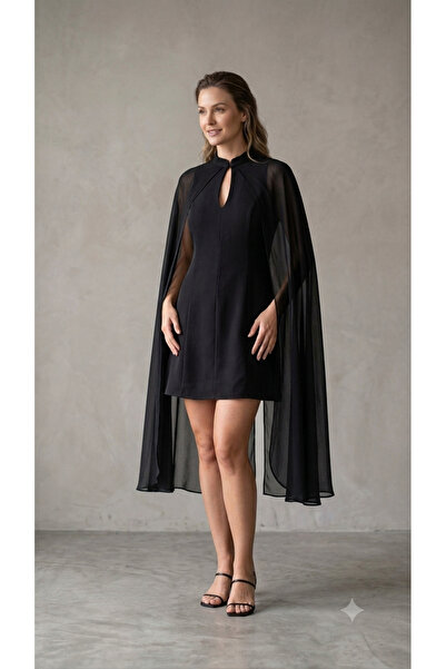 VERYMODA Black Chiffon Cape Sleeve Mini Evening Dress