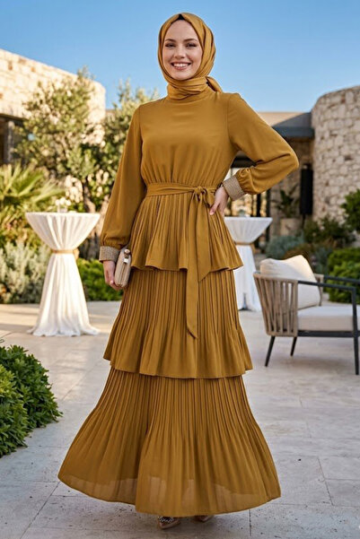 Neva Style Rochie Hijab plisată în straturi, verde, din crep, importată 95719YY