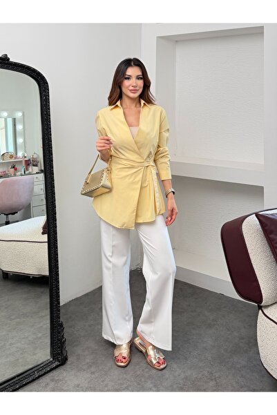 MiraMore Butik Kadın Kruvaze Yaka Belden Bağlamalı Uzun Kollu Gömlek