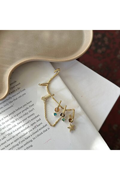 Alice İsstanbul Gold Mavi Taşlı Charmlı Earcuff Küpe