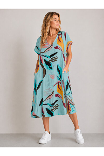 Sibel Günay Butik Light Blue Multi-Colored Patterned 105 cm Cotton Viscose Dr...