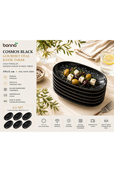 Bonnami Bonna Cosmos Black Gourmet Oval Kayık Plate / Black Porcelain Modern ...