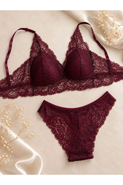 cdh çeyize dair herşey Sakura Burgundy Lace Bralet Set Without Support and Wi...