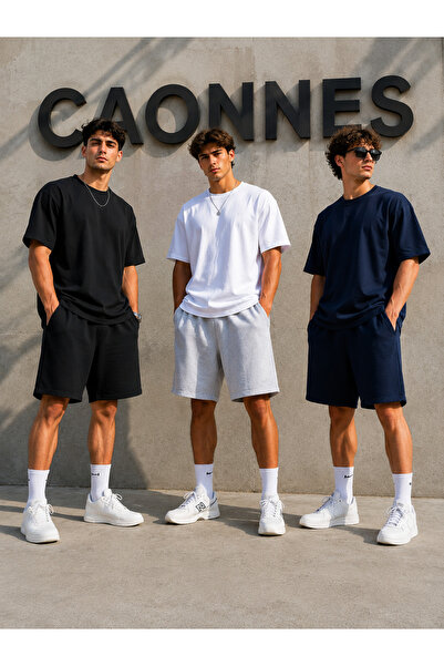CAONNES 3'lü Şort Erkek (Siyah-Gri-Lacivert) Yazlık Geniş Kalıp Oversize Yıka...