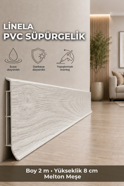 AGK Linela PVC Süpürgelik 8 cm Melton Meşe 2 m Yapıştırmalı Suya Dayanıklı Ka...