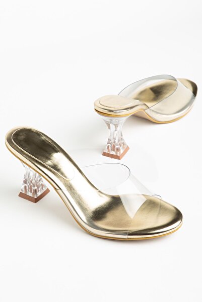 Zerenyus Zri̇n-619 Gold Transparent Banded Transparent Heeled Round Toe Women...
