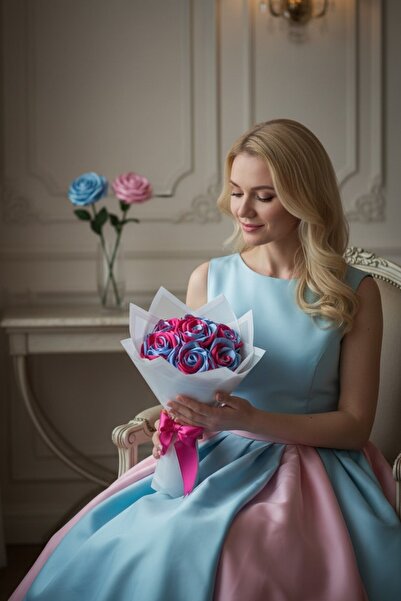 AXWELL Baby Blue and Pink Rose Bouquet, 7 Pieces, Made from Ribbons, Colorfas...