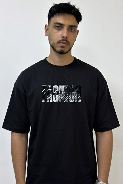 Anetos Tricou negru supradimensionat cu imprimeu Fashion Design