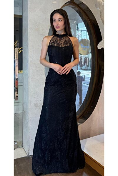 SpringStore Siyah Halter Yaka Payet İşlemeli Dantel Abiye