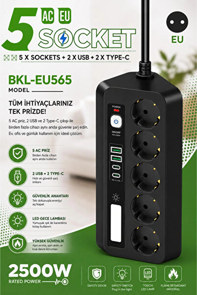 Vothoon 5’li Akım Korumalı Priz 2500W | 2 USB + 2 Type-C Hızlı Şarj | LED Gec...
