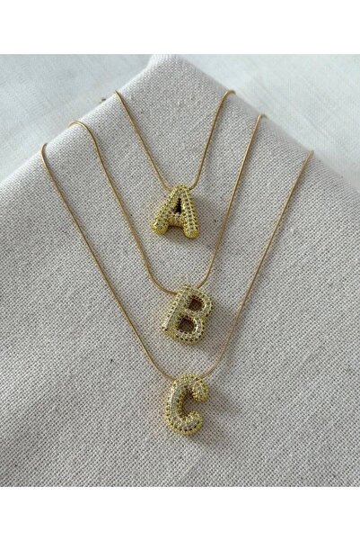 Haziran Accessory, Gold Steel Necklace with Zircon Stones and Chubby Letter, ...