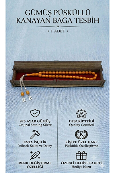 bigakan 925 Ayar Gümüş Püsküllü Kanayan Bağa Tesbih Kişiye Özel R Harfli Renk...