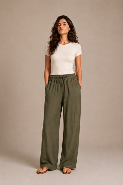 BARRELS AND OIL Women's Tie-Waist Wide-Leg Trousers - Khaki