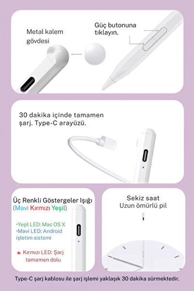 Fuchsia Aktif Kapasitif Tablet Kalemi 2in1 Android & iOS Uyumlu Manyetik Avuç İçi Reddetme Eğim Hassasiyetli Stylus Kalem