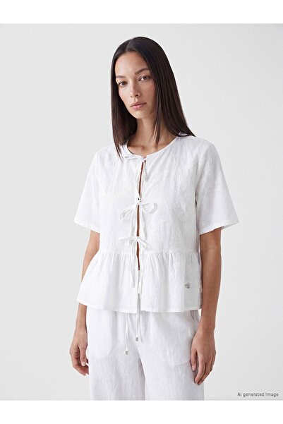 LC Waikiki Lcw Everyday White Tie-Neck Embroidered Ruffle Blouse