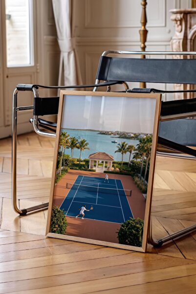 Postifull Tennis Court and Sea View Poster, Wooden Framed Poster, Old Money S...