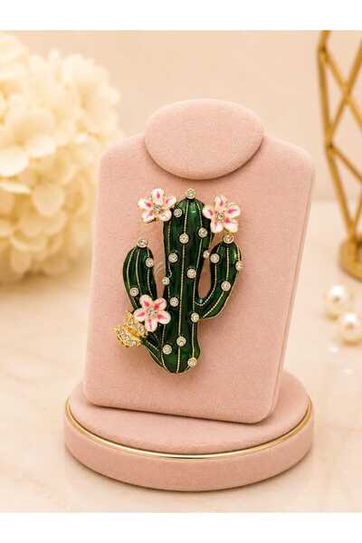 mdm style 🌵 Çiçekli Kaktüs Broş – Taş İşlemeli Gold Kadın Yaka Rozeti