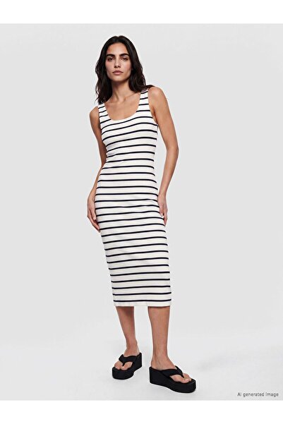 LC Waikiki Lcw Vision Navy Blue U-Neck Striped Bodycon Dress