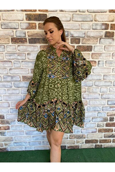 AGORATEKSTİL Women's Patterned Pompom Three Quarter Sleeve Viscose Fabric Dre...