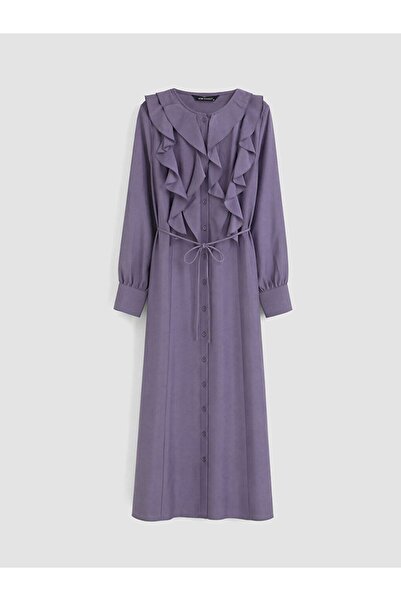LC Waikiki LCW Modest Mor Bisiklet Yaka Fırfırlı Belden Oturtma Elbise