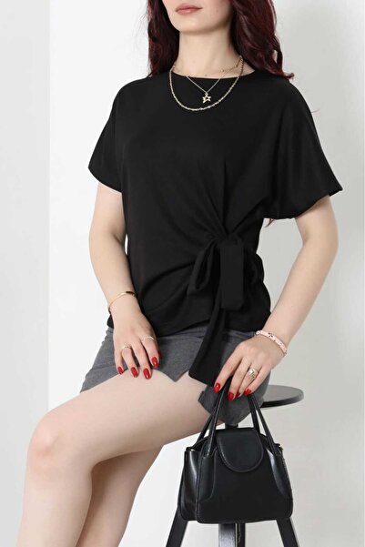 VELİZADE Women's Crew Neck Bat Sleeve Side Tie Detailed Flexible Modal Premiu...