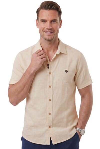 DeepSEA Beige Flared Linen Men's Shirt – Summer 100% Cotton Relaxed Fit 2602652